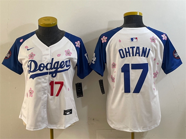 Women's Los Angeles Dodgers #17 Shohei Ohtani White Royal 2025 Tokyo Series Limited Cherry Blossoms Baseball Jersey(Run Small)