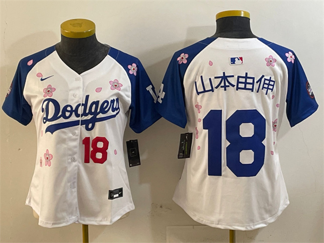 Women's Los Angeles Dodgers #18 山本由伸 White Royal 2025 Tokyo Series Limited Cherry Blossoms Baseball Jersey(Run Small)