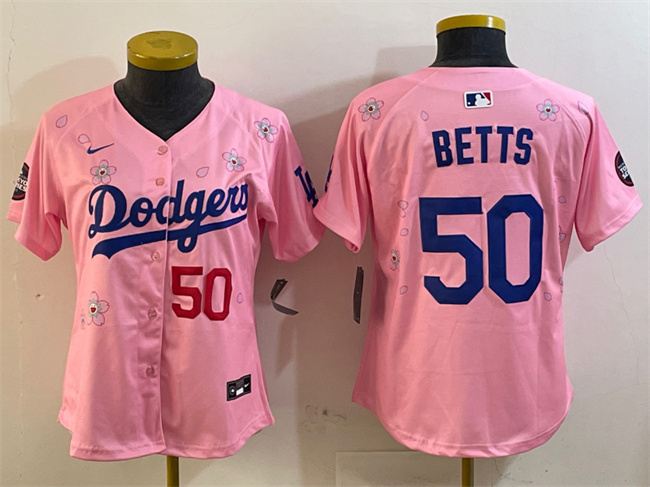 Women's Los Angeles Dodgers #50 Mookie Betts Pink 2025 Tokyo Series Limited Cherry Blossomshed Baseball Jersey(Run Small)