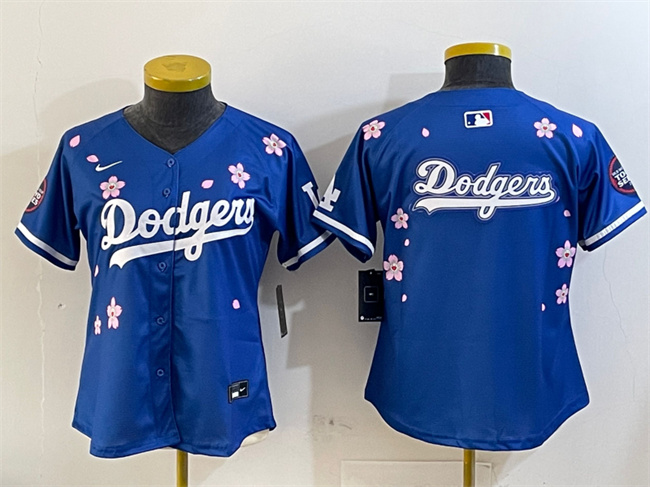 Women's Los Angeles Dodgers Team Big Logo Royal 2025 Tokyo Series Limited Cherry Blossoms Baseball Jersey(Run Small)