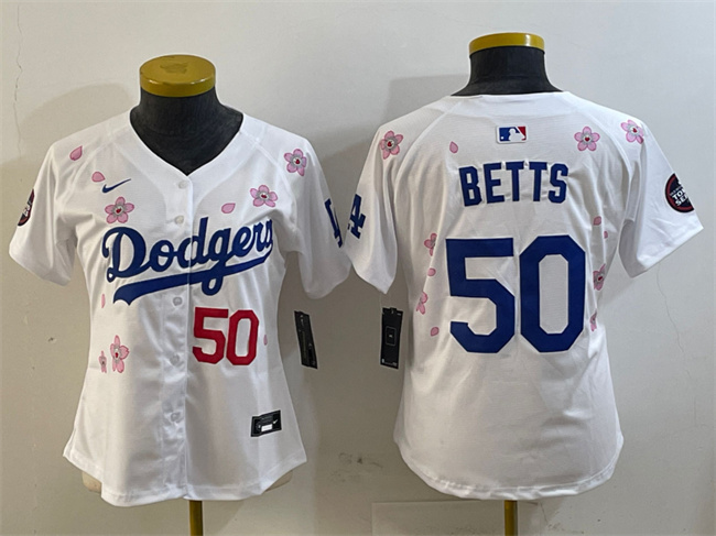 Women's Los Angeles Dodgers #50 Mookie Betts White 2025 Tokyo Series Limited Cherry Blossoms Baseball Jersey(Run Small)