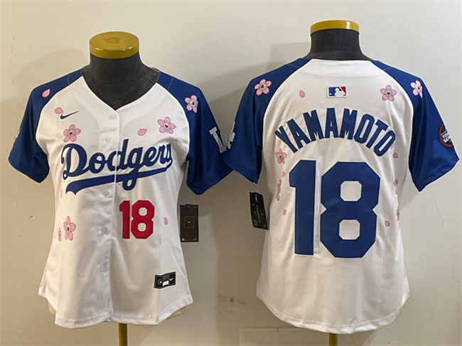 Women's Los Angeles Dodgers #18 Yoshinobu Yamamoto White Royal 2025 Tokyo Series Limited Cherry Blossoms Baseball Jersey(Run Small)
