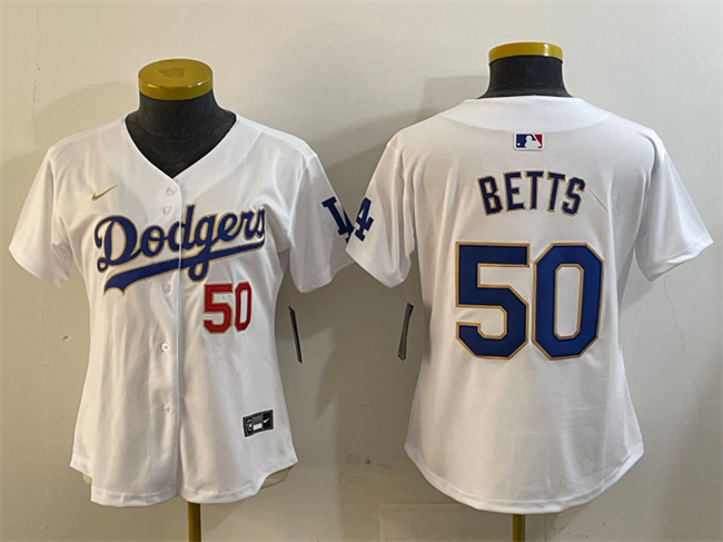 Women's Los Angeles Dodgers #50 Mookie Betts White Gold Home Limited Stitched Baseball Jersey (Run Small)