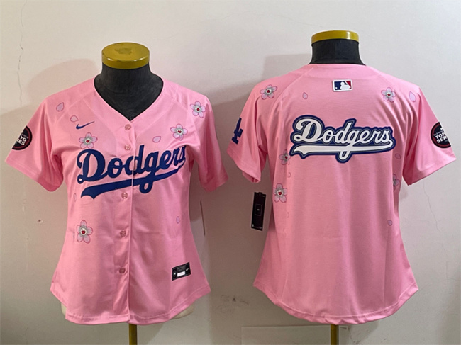 Women's Los Angeles Dodgers Team Big Logo Pink 2025 Tokyo Series Limited Cherry Blossoms Baseball Jersey(Run Small)