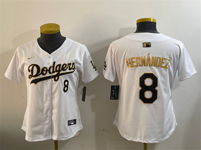 Women's Los Angeles Dodgers #8 Enrique Hernández White Gold Home Limited Stitched Baseball Jersey(Run Small)