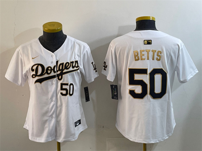 Women's Los Angeles Dodgers #50 Mookie Betts White Gold Home Limited Stitched Baseball Jersey(Run Small)