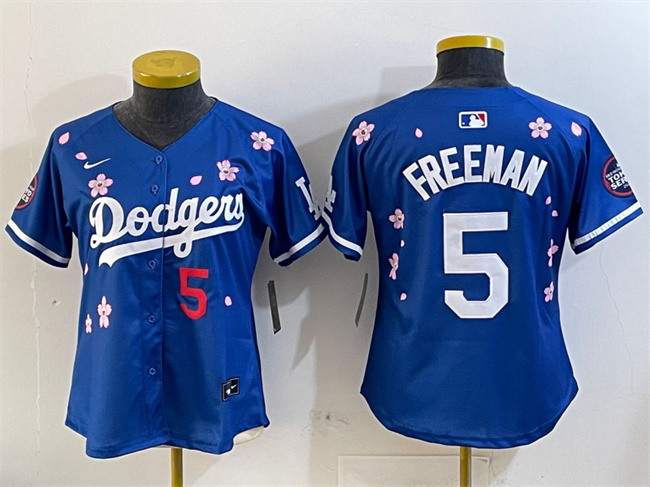 Women's Los Angeles Dodgers #5 Freddie Freeman Royal 2025 Tokyo Series Limited Cherry Blossoms Baseball Jersey(Run Small)