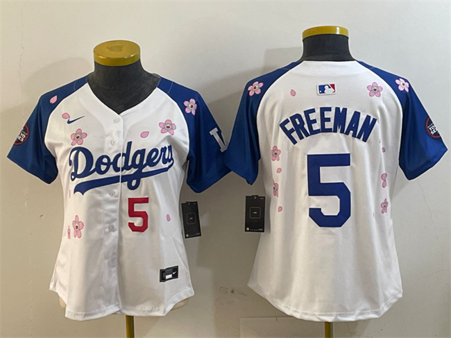Women's Los Angeles Dodgers #5 Freddie Freeman White Royal 2025 Tokyo Series Limited Cherry Blossoms Baseball Jersey(Run Small)