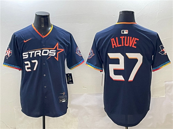 Men's Houston Astros #27 Jose Altuve Navy 2025 City Connect With Texas Patch Limited Stitched Baseball Jersey
