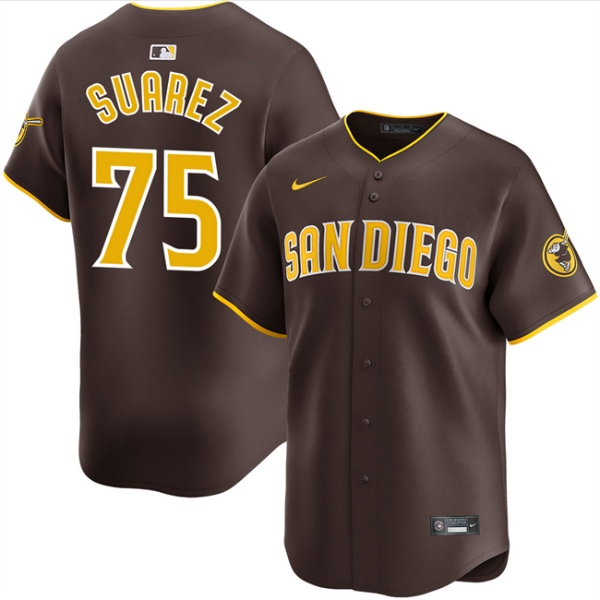 Men's San Diego Padres #75 Robert Suarez Brown 2024 Away Limited Stitched Baseball Jersey
