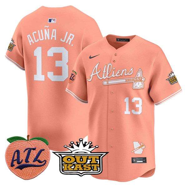 Men's Atlanta Braves #13 Ronald Acu?a Jr. Peach 2024 Atliens & Peach With Outkast Patch Vapor Limited Stitched Baseball Jersey