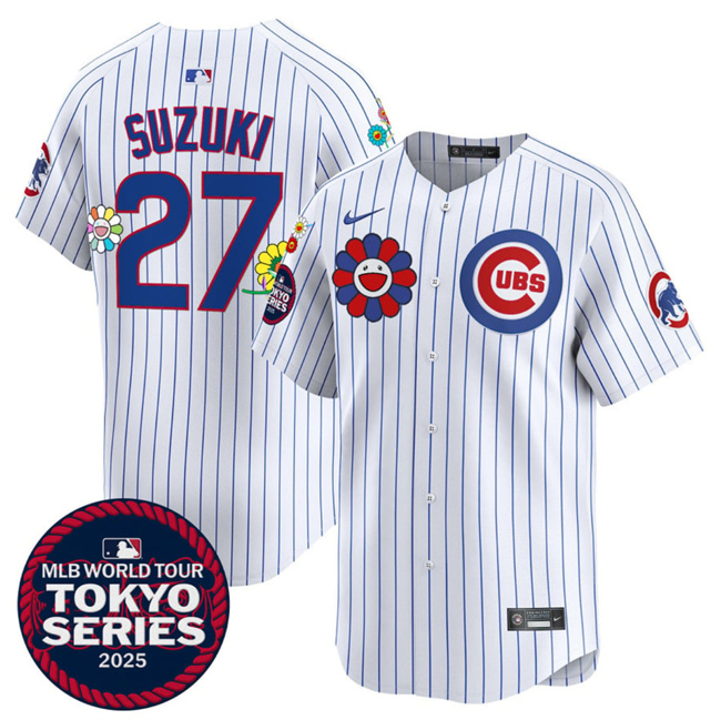 Men's Chicago Cubs #27 Seiya Suzuki White 2025 Tokyo Series Limited Cherry Blossoms Baseball Jersey