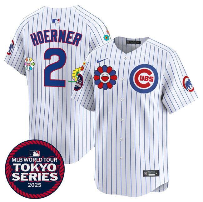 Men's Chicago Cubs #2 Nico Hoerner White 2025 Tokyo Series Limited Cherry Blossoms Baseball Jersey