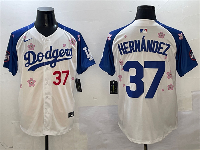 Men's Los Angeles Dodgers #37 Teoscar Hernández White Royal 2025 Tokyo Series Limited Cherry Blossoms Baseball Jersey