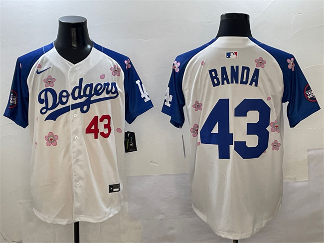 Men's Los Angeles Dodgers #43 Anthony Banda White Royal 2025 Tokyo Series Limited Cherry Blossoms Baseball Jersey