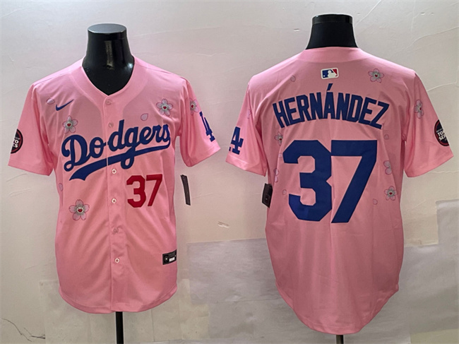 Men's Los Angeles Dodgers #37 Teoscar Hernández Pink 2025 Tokyo Series Limited Cherry Blossoms  Baseball Jersey