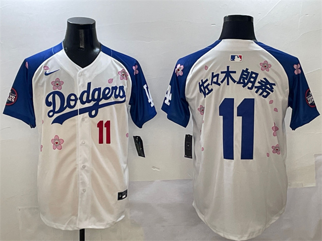 Men's Los Angeles Dodgers #11 佐々木朗希 White Royal 2025 Tokyo Series Limited Cherry Blossoms  Baseball Jersey