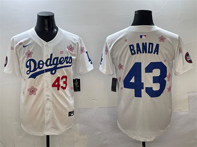 Men's Los Angeles Dodgers #43 Anthony Banda White 2025 Tokyo Series Limited Cherry Blossoms  Baseball Jersey