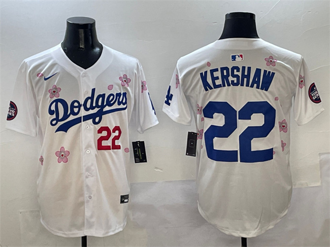 Men's Los Angeles Dodgers #22 Clayton Kershaw White 2025 Tokyo Series Limited Cherry Blossoms  Baseball Jersey