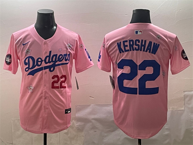Men's Los Angeles Dodgers #22 Clayton Kershaw Pink 2025 Tokyo Series Limited Cherry Blossoms Baseball Jersey