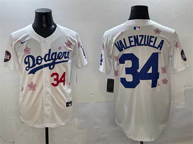 Men's Los Angeles Dodgers #34 Fernando Valenzuela White 2025 Tokyo Series Limited Cherry Blossoms Baseball Jersey
