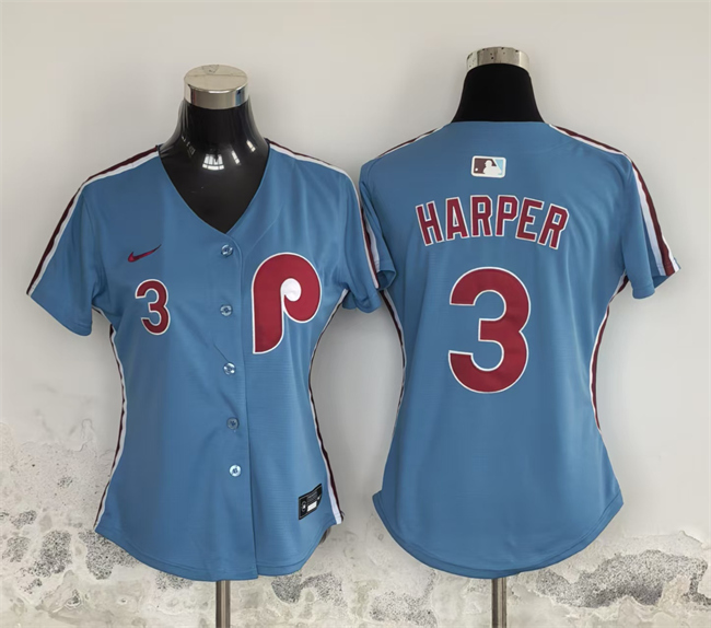 Women's Philadelphia Phillies #3 Bryce Harper Light Blue Stitched Baseball Jersey(Run Small)