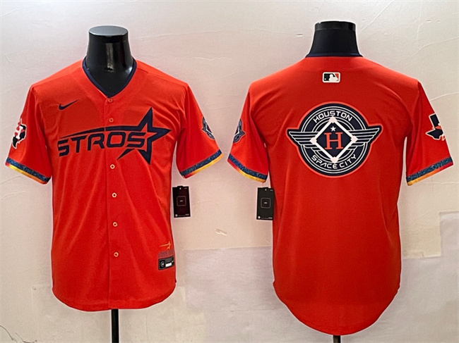 Men's Houston Astros Team Big Logo Orange 2025 City Connect With Texas Patch Limited Stitched Baseball Jersey 001