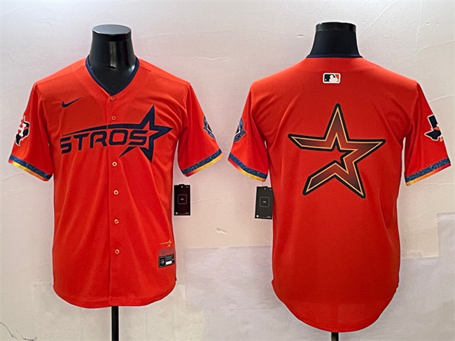 Men's Houston Astros Team Big Logo Orange 2025 City Connect With Texas Patch Limited Stitched Baseball Jersey 002