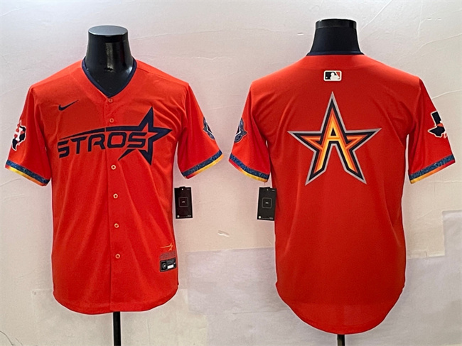 Men's Houston Astros Team Big Logo Orange 2025 City Connect With Texas Patch Limited Stitched Baseball Jersey 003