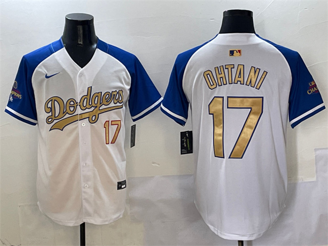 Men's Los Angeles Dodgers #17 Shohei Ohtani White Royal Gold 2024 World Series Champions Vapor Limited Stitched Baseball Jersey