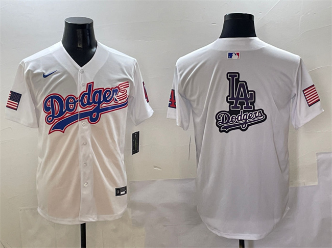 Men's Los Angeles Dodgers Team Big Logo White With American Flag Patch Limited Stitched Baseball  Jersey