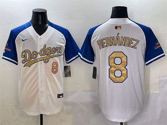 Men's Los Angeles Dodgers #8 Enrique Hernández White Royal Gold 2024 World Series Champions Vapor Limited Stitched Baseball Jersey