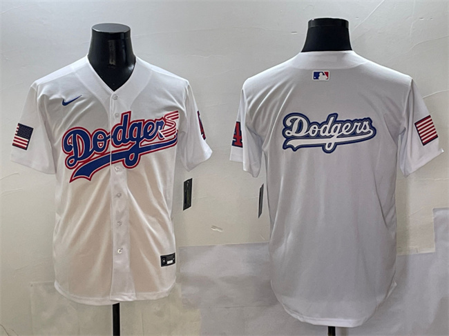 Men's Los Angeles Dodgers Team Big Logo White With American Flag Patch Limited Stitched Baseball Jersey
