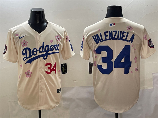 Men's Los Angeles Dodgers #34 Fernando Valenzuela Cream 2025 Tokyo Series Limited Cherry Blossoms  Baseball Jersey