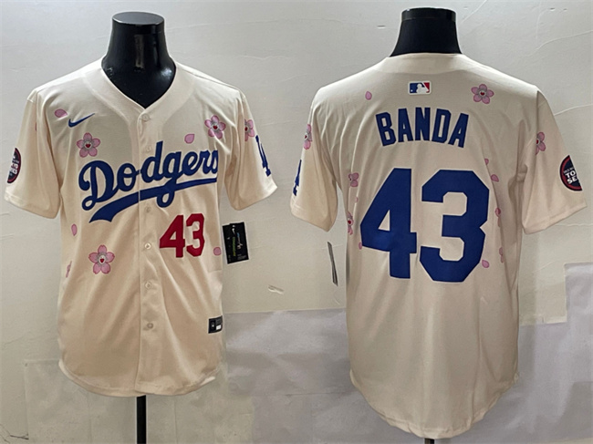 Men's Los Angeles Dodgers #43 Anthony Banda Cream 2025 Tokyo Series Limited Cherry Blossoms  Baseball Jersey