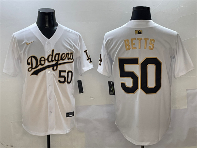 Men's Los Angeles Dodgers #50 Mookie Betts White Gold Limited Stitched Baseball Jersey
