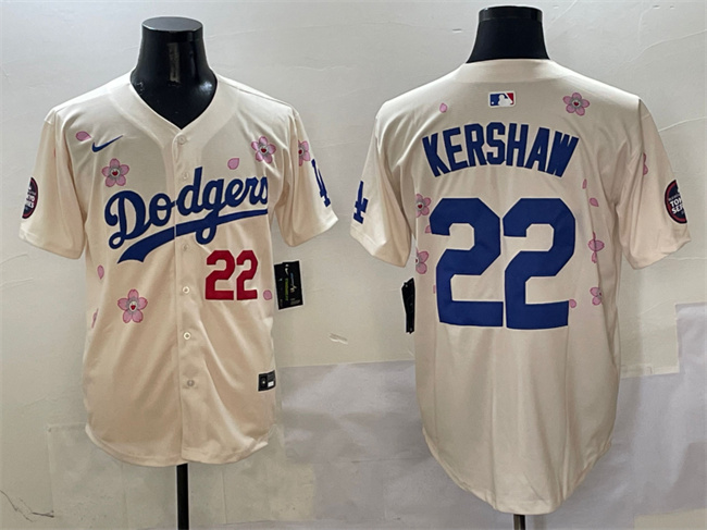Men's Los Angeles Dodgers #22 Clayton Kershaw Cream 2025 Tokyo Series Limited Cherry Blossoms  Baseball Jersey