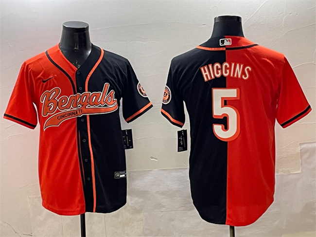 Men's Cincinnati Bengals #5 Tee Higgins Orange Black Split With Patch Cool Base Stitched Baseball Jersey