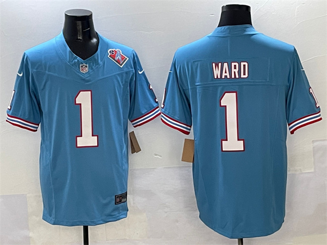 Men's Tennessee Titans #1 Cameron Ward Blue 2025 Draft F.U.S.E. 1997 Throwback Patch Vapor Limited Stitched Football Jersey