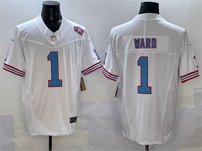 Men's Tennessee Titans #1 Cameron Ward White 2025 Draft F.U.S.E. 1997 Throwback Patch Vapor Limited Stitched Football Jersey