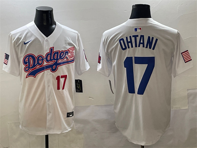 Men's Los Angeles Dodgers #17 Shohei Ohtani White With American Flag Patch Limited Stitched Baseball Jersey