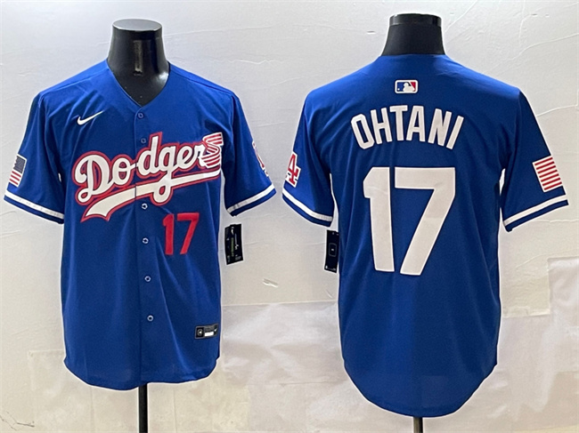 Men's Los Angeles Dodgers #17 Shohei Ohtani Royal With American Flag Patch Limited Stitched Baseball Jersey