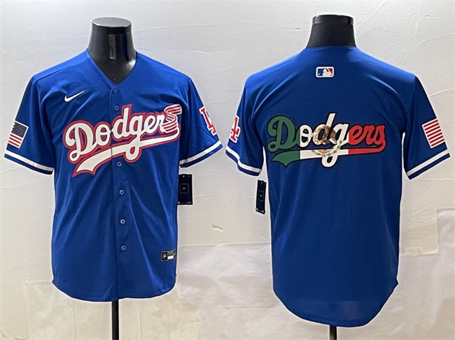 Men's Los Angeles Dodgers Team Big Logo Royal With American Flag Patch Limited Stitched  Baseball Jersey