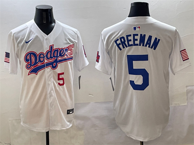 Men's Los Angeles Dodgers #5 Freddie Freeman White With American Flag Patch Limited Stitched Baseball Jersey