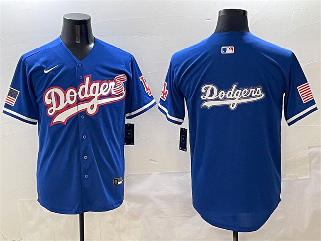 Men's Los Angeles Dodgers Team Big Logo Royal With American Flag Patch Limited Stitched Baseball  Jersey
