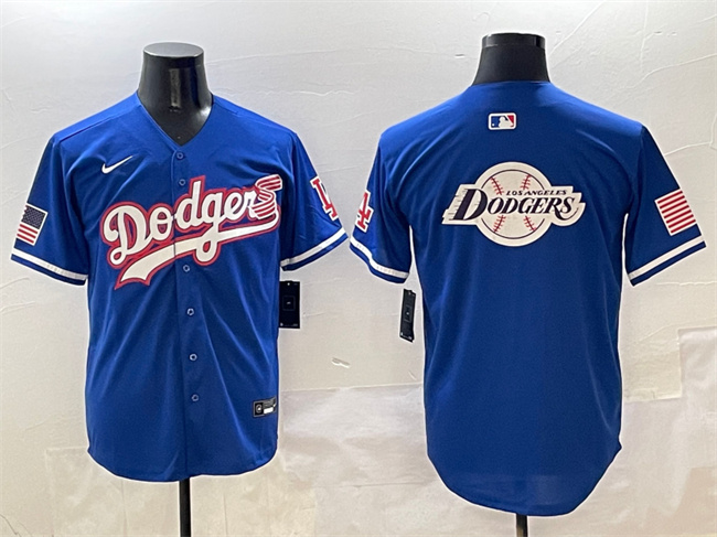 Men's Los Angeles Dodgers Team Big Logo Royal With American Flag Patch Limited Stitched Baseball Jersey