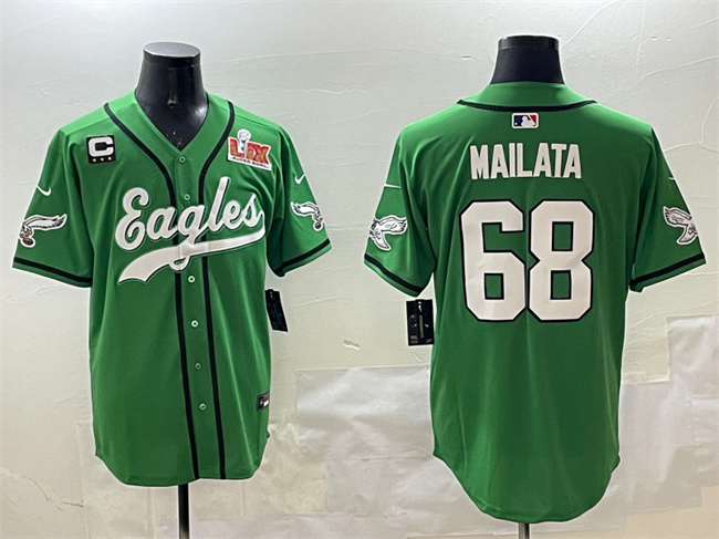 Men's Philadelphia Eagles #68 Jordan Mailata Green 2025 Super Bowl LIX And 3-Star C Patch Stitched Baseball Jersey