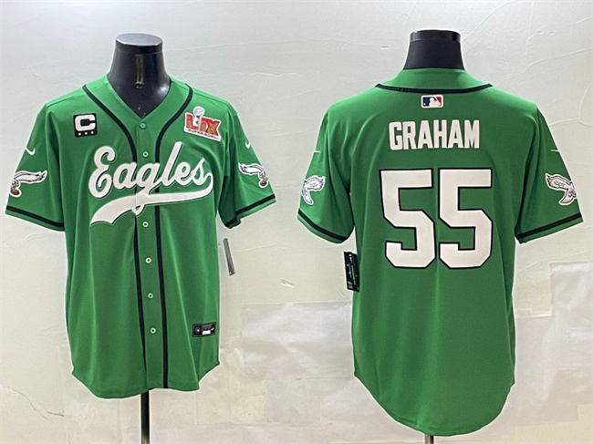 Men's Philadelphia Eagles #55 Brandon Graham Green 2025 Super Bowl LIX And 3-Star C Patch Stitched Baseball Jersey