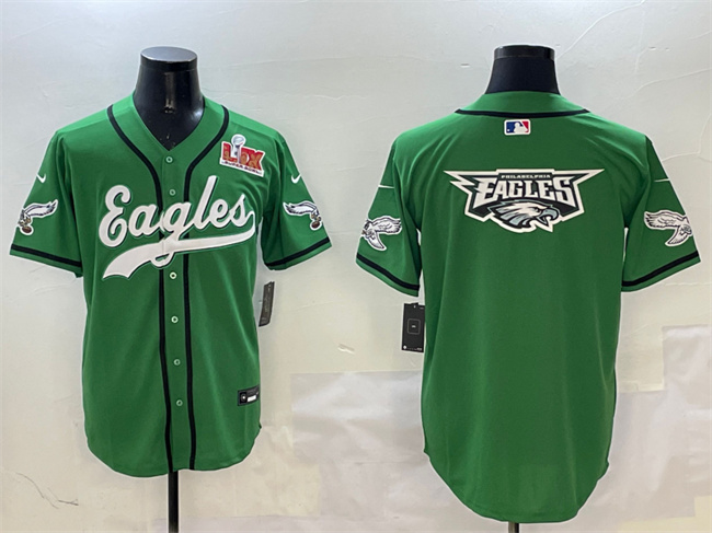 Men's Philadelphia Eagles Team Big Logo Green 2025 Super Bowl LIX Patch Stitched Baseball  Jersey