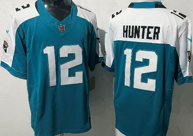 Men's Jacksonville Jaguars #12 Travis Hunter TealWhite 2025 Draft F.U.S.E. Florida Patch Vapor Limited Stitched Football Jersey